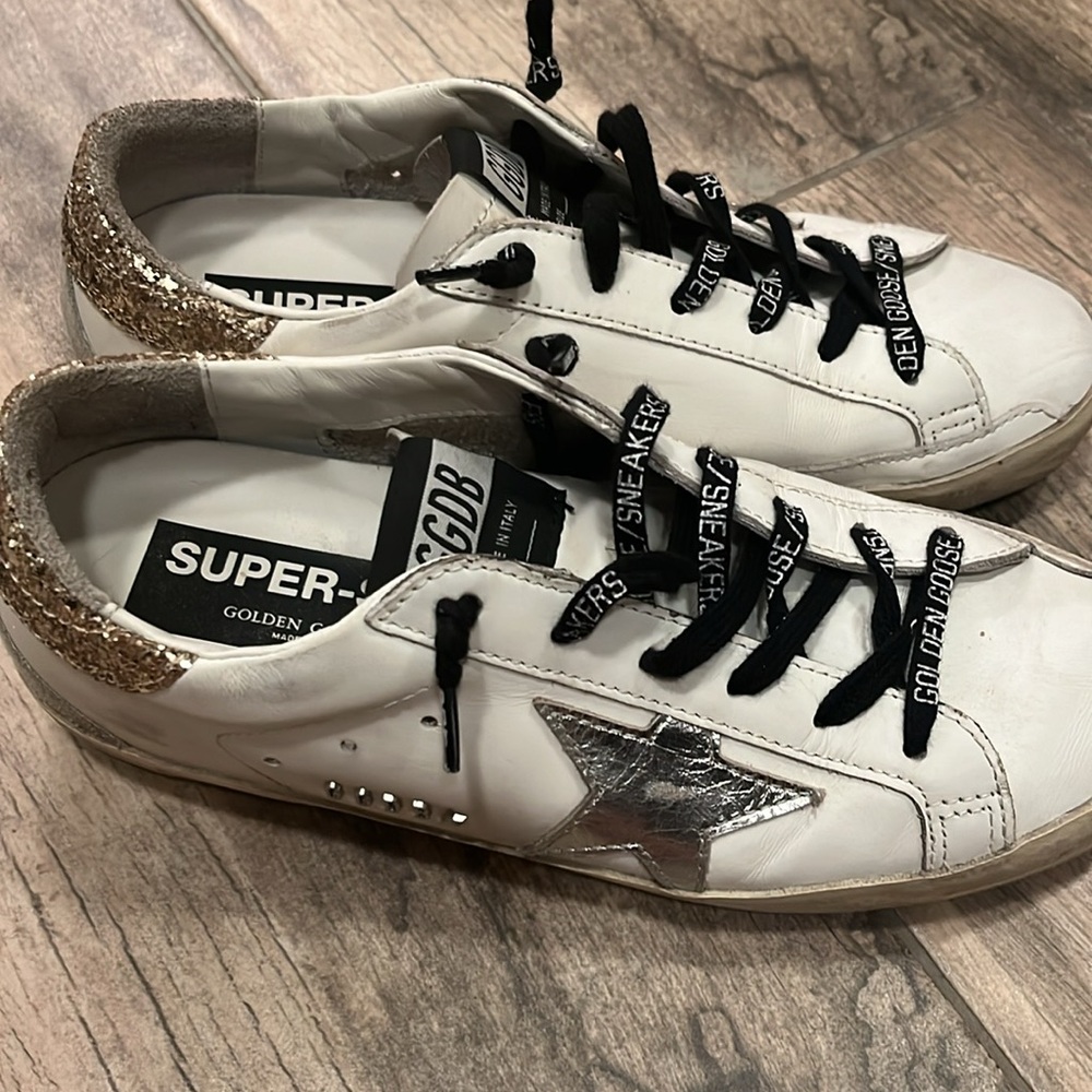 Golden Goose White Leather Sneakers with Silver Star and Gold Heel